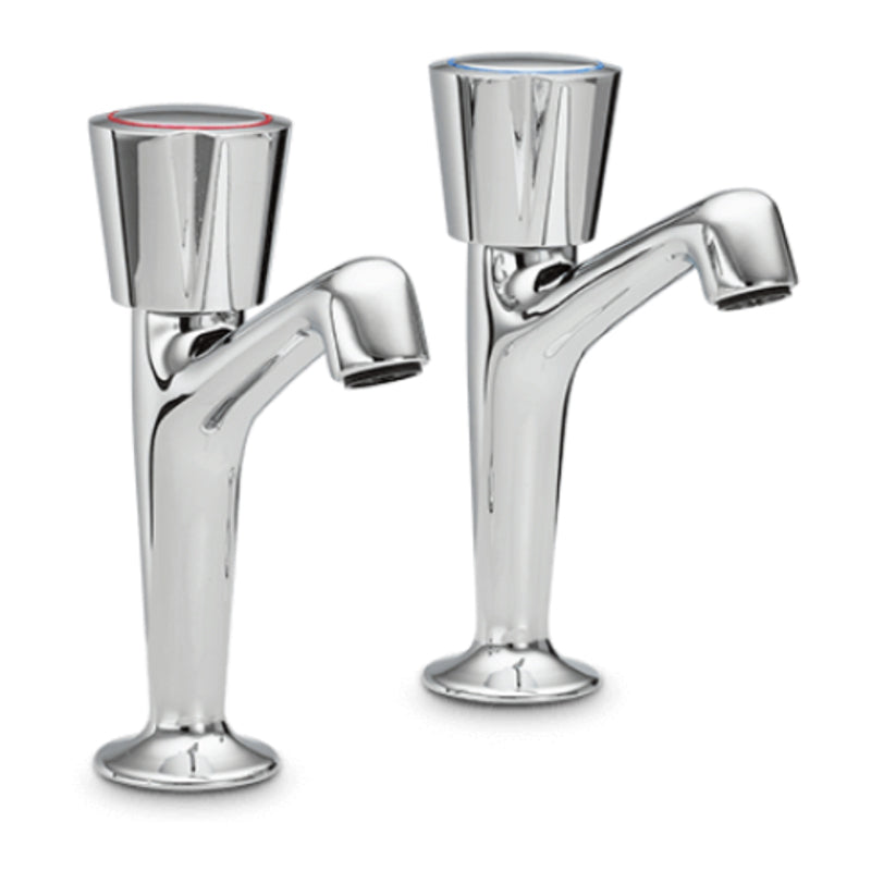 Chrome Heatrae Sadia Pack P Pillar Taps Pair with separate hot and cold knob style handle on white background